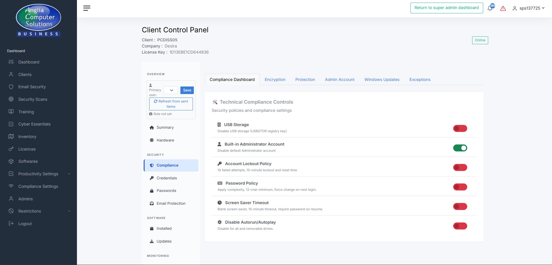 Technical compliance controls with toggle switches